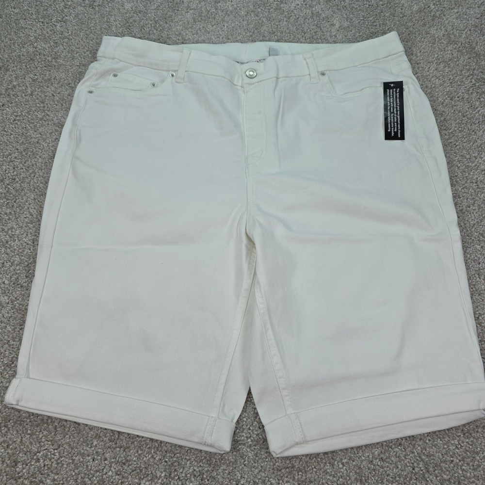 New Denim & Co White Bermuda Shorts Womens Plus 22W Cuffed Stretch Denim A499646